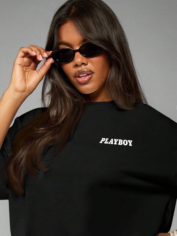 Missguided Missguided X Playboy MISSGUIDED Oversized Cotton T Shirt With Rainbow Bunny Print
