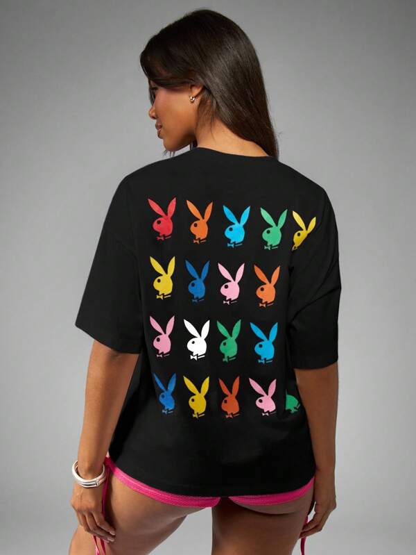 missguided Missguided x Playboy MISSGUIDED Oversized Cotton T Shirt With Rainbow Bunny Print
