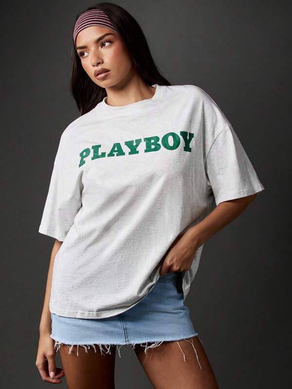 Missguided Missguided X Playboy MISSGUIDED Oversized Cotton T-Shirt With Magazine Print And Text