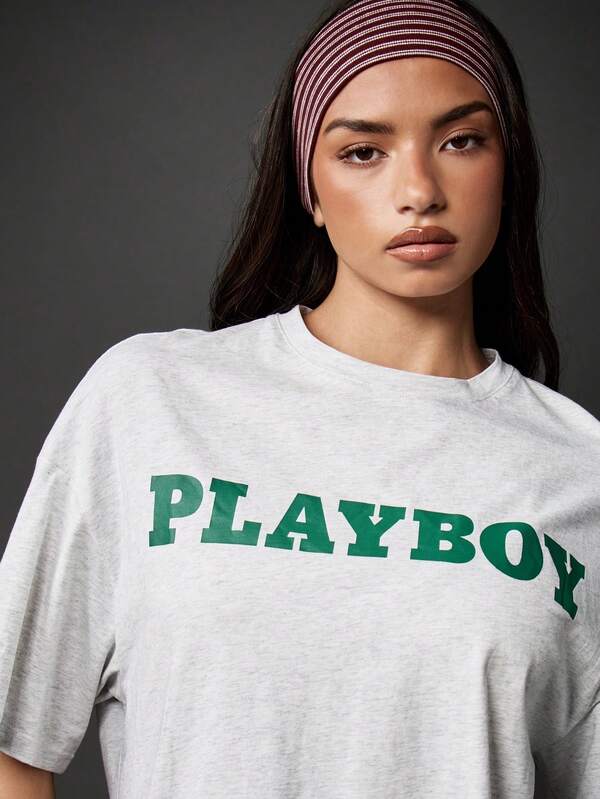 Missguided Missguided X Playboy MISSGUIDED Oversized Cotton T-Shirt With Magazine Print And Text