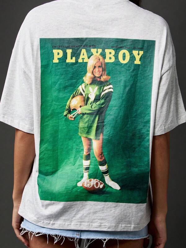 Missguided Missguided X Playboy MISSGUIDED Oversized Cotton T-Shirt With Magazine Print And Text