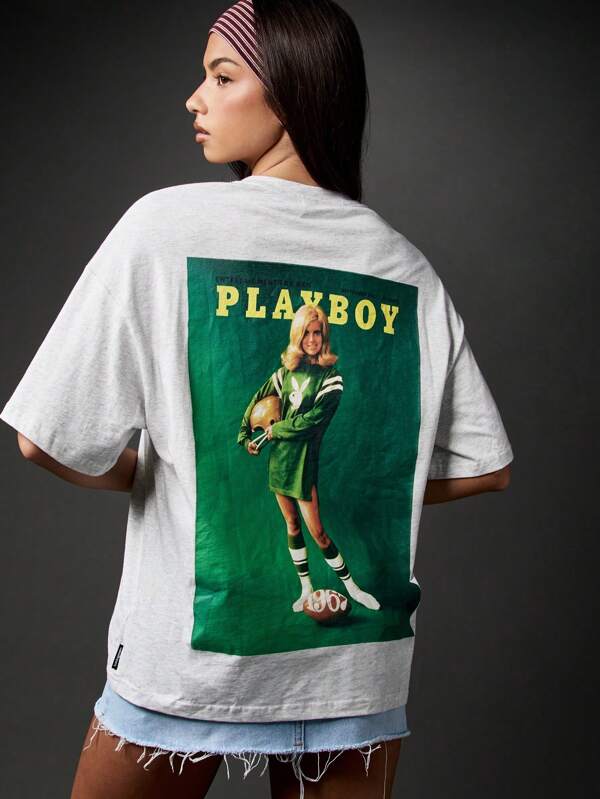 missguided Missguided x Playboy MISSGUIDED Oversized Cotton T-Shirt With Magazine Print And Text