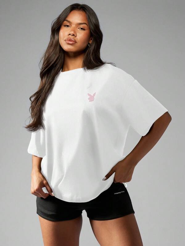 Missguided Missguided X Playboy MISSGUIDED Oversized Cotton Tee With Graphic Print Design