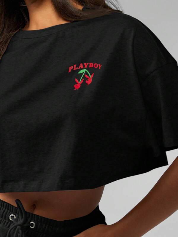 Missguided Missguided X Playboy MISSGUIDED Oversized Crop Cherry Print Cotton T-Shirt