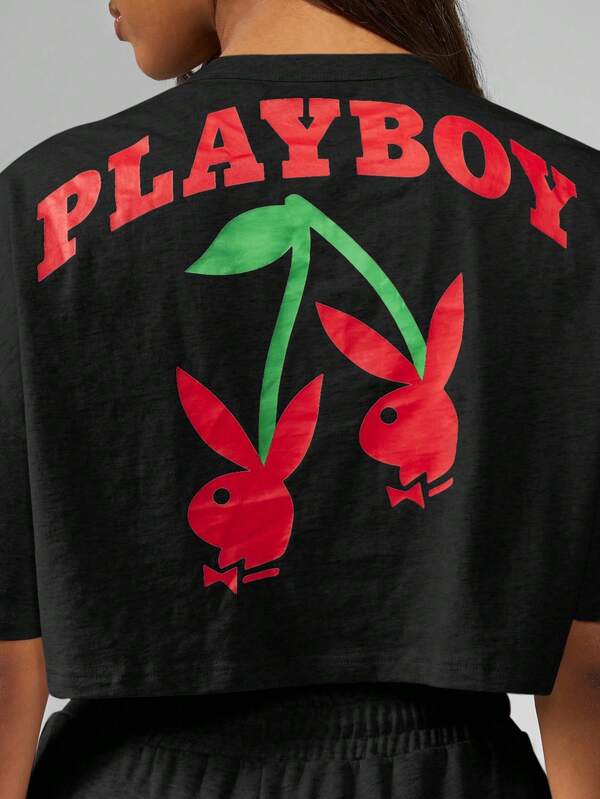 Missguided Missguided X Playboy MISSGUIDED Oversized Crop Cherry Print Cotton T-Shirt