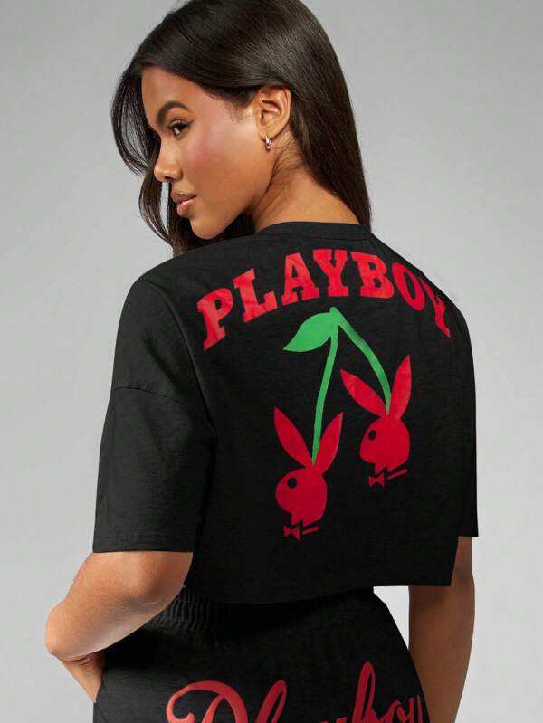 missguided Missguided x Playboy MISSGUIDED Oversized Crop Cherry Print Cotton T-Shirt