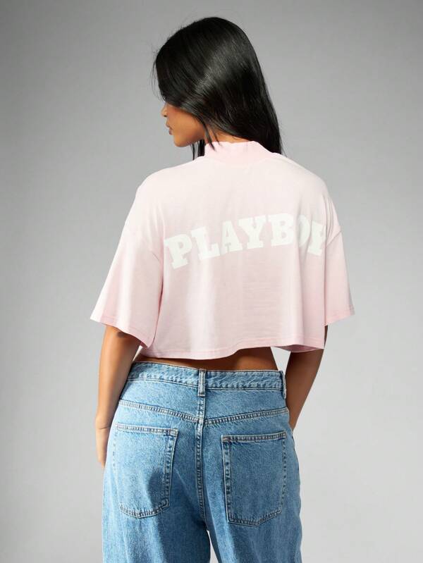 Missguided Missguided X Playboy MISSGUIDED Oversized Crop Cotton Casual T-Shirt Fashion Statement With Logo Print