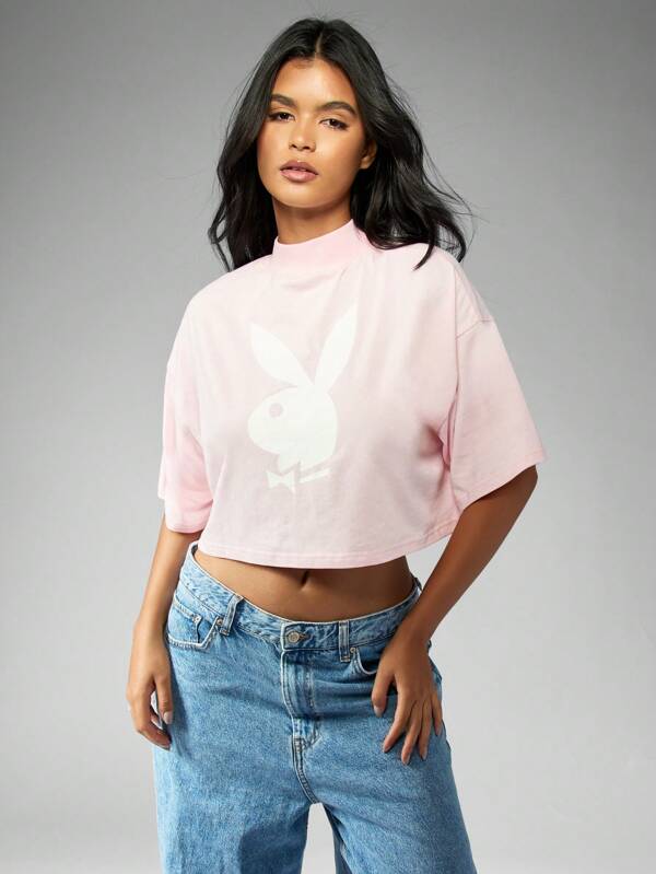 missguided Missguided x Playboy MISSGUIDED Oversized Crop Cotton Casual T-Shirt Fashion Statement With Logo Print
