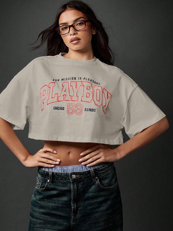 Missguided Missguided X Playboy MISSGUIDED Oversized Crop Tshirt With Logo Print Design