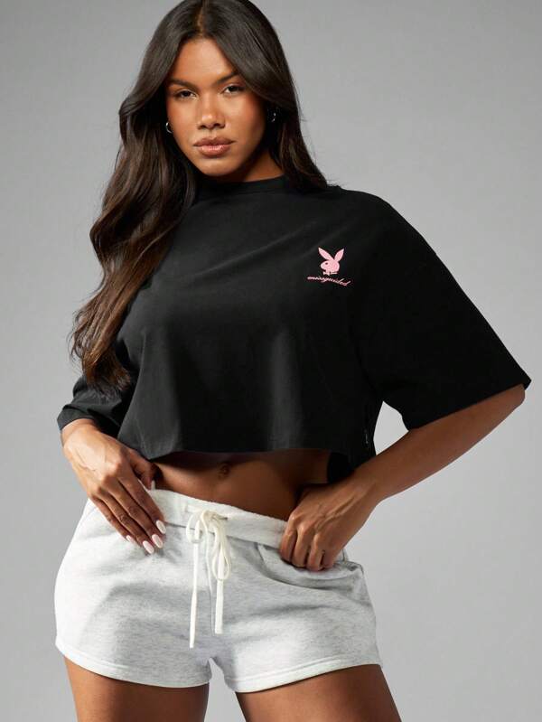 Missguided Missguided X Playboy MISSGUIDED Oversized Cropped Short Sleeve Cut Off Graphic Tee With Bunny Logo