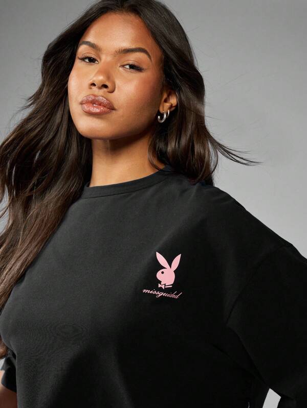 Missguided Missguided X Playboy MISSGUIDED Oversized Cropped Short Sleeve Cut Off Graphic Tee With Bunny Logo