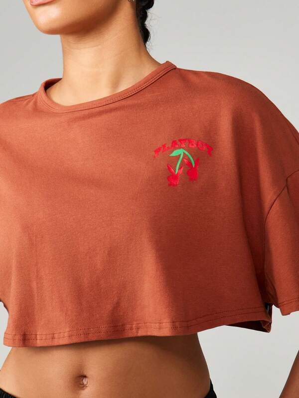 Missguided Missguided X Playboy MISSGUIDED Oversized Cropped T Shirt With Cherry Design