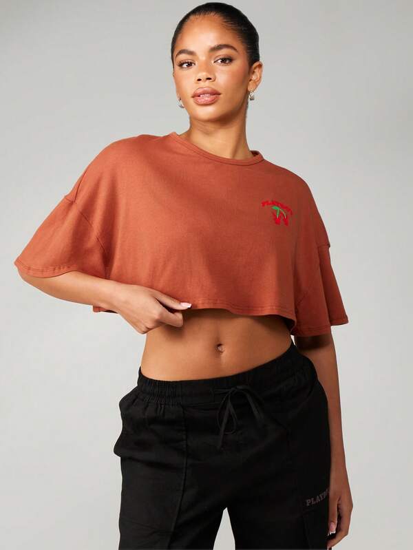 Missguided Missguided X Playboy MISSGUIDED Oversized Cropped T Shirt With Cherry Design