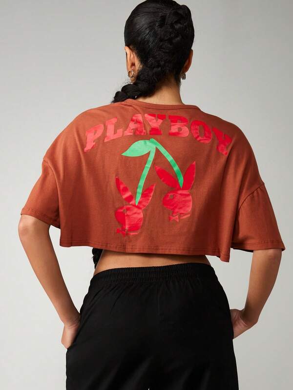 missguided Missguided x Playboy MISSGUIDED Oversized Cropped T Shirt With Cherry Design