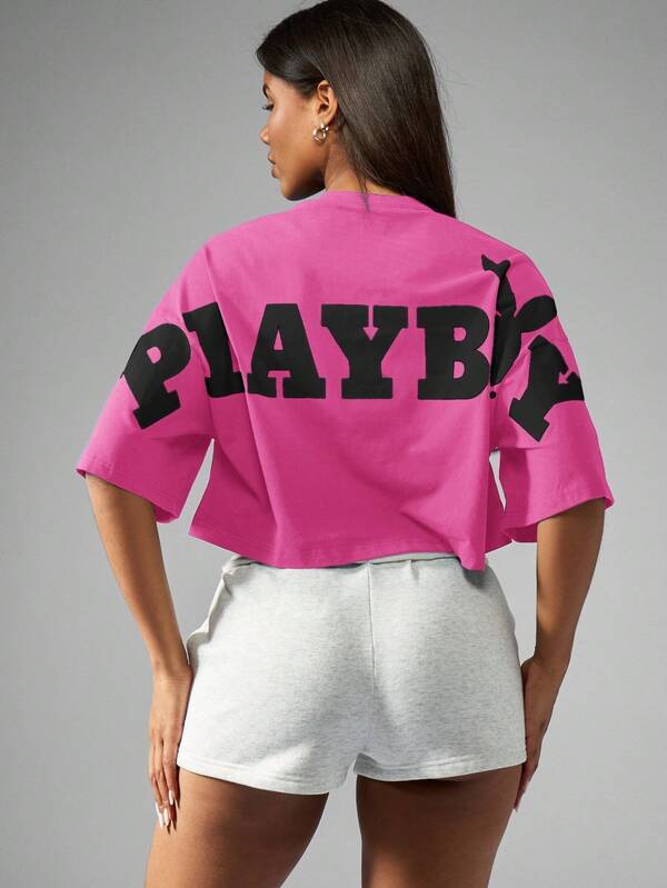 missguided Missguided x Playboy MISSGUIDED Oversized Cropped T Shirt With Logo Print