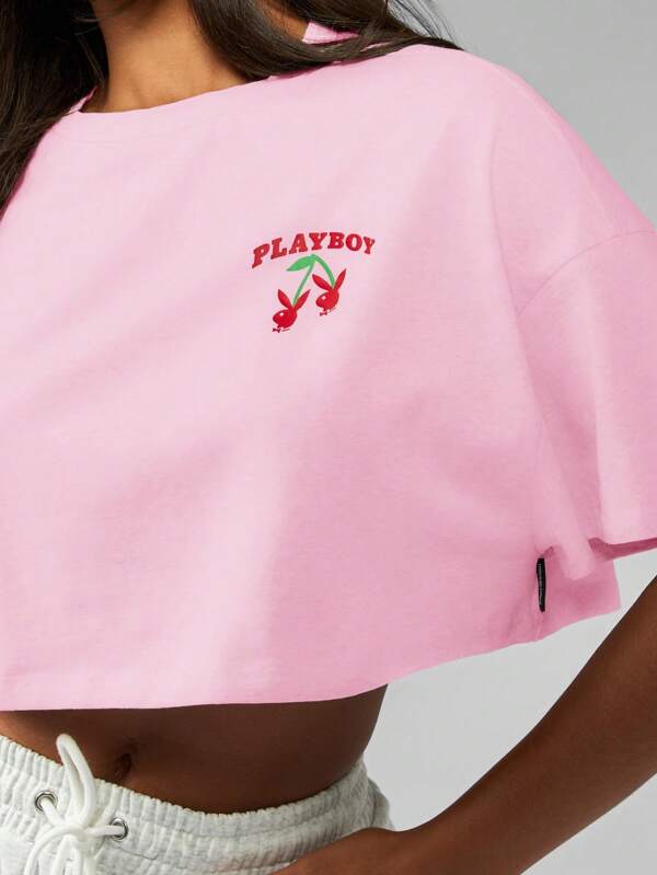 Missguided Missguided X Playboy MISSGUIDED Oversized Cropped T Shirt With Cherry Graphics