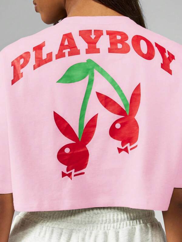 Missguided Missguided X Playboy MISSGUIDED Oversized Cropped T Shirt With Cherry Graphics
