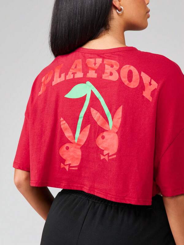 Missguided Missguided X Playboy MISSGUIDED Oversized Cropped T Shirt With Cherry Print Design