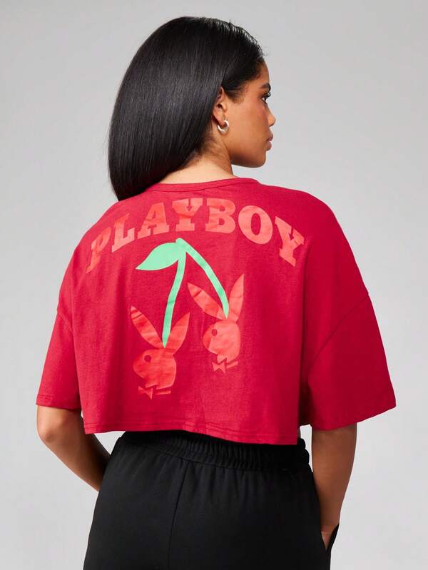 missguided Missguided x Playboy MISSGUIDED Oversized Cropped T Shirt With Cherry Print Design