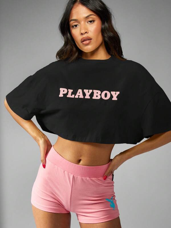 Missguided Missguided X Playboy MISSGUIDED Oversized Cropped T Shirt With Bunny Logo