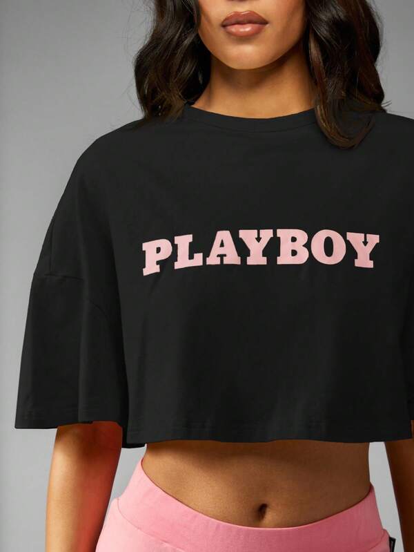 Missguided Missguided X Playboy MISSGUIDED Oversized Cropped T Shirt With Bunny Logo
