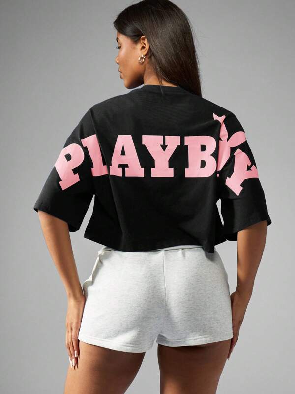 missguided Missguided x Playboy MISSGUIDED Oversized Cropped Short Sleeve Cut Off Graphic Tee With Bunny Logo