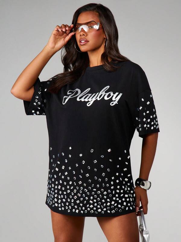 missguided Missguided x Playboy MISSGUIDED Oversized Dress With Metallic Print
