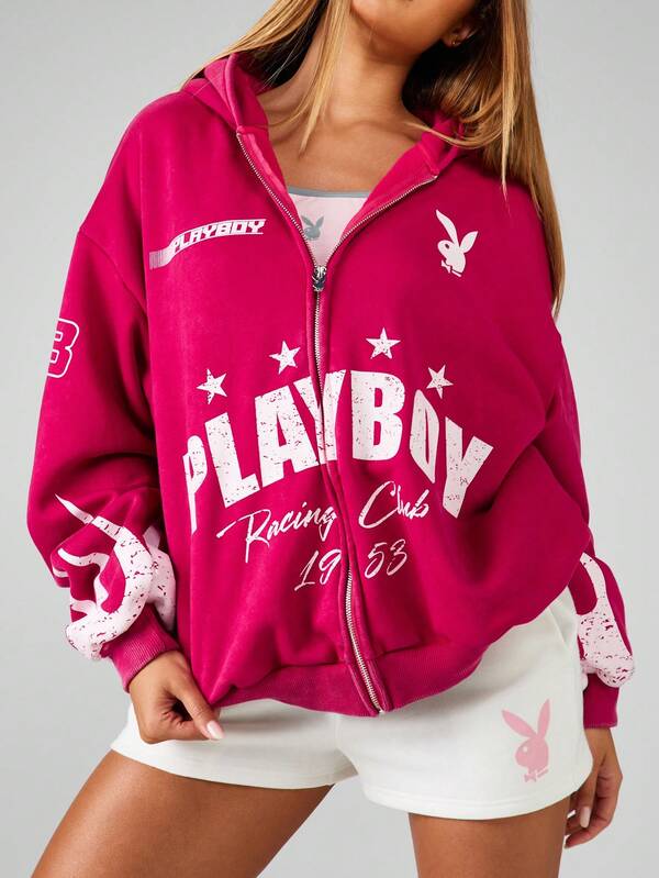 Missguided Missguided X Playboy MISSGUIDED Oversized Graphic Zip Hoodie With Drawstring