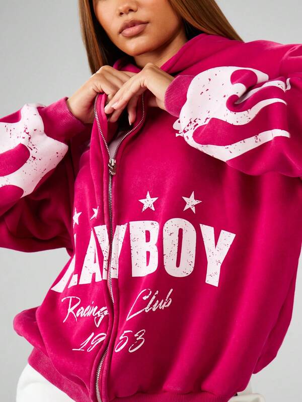 Missguided Missguided X Playboy MISSGUIDED Oversized Graphic Zip Hoodie With Drawstring