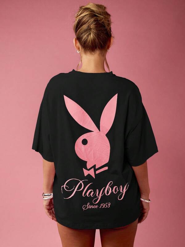 Missguided Missguided X Playboy MISSGUIDED Oversized Graphic Print T Shirt With Bunny Logo
