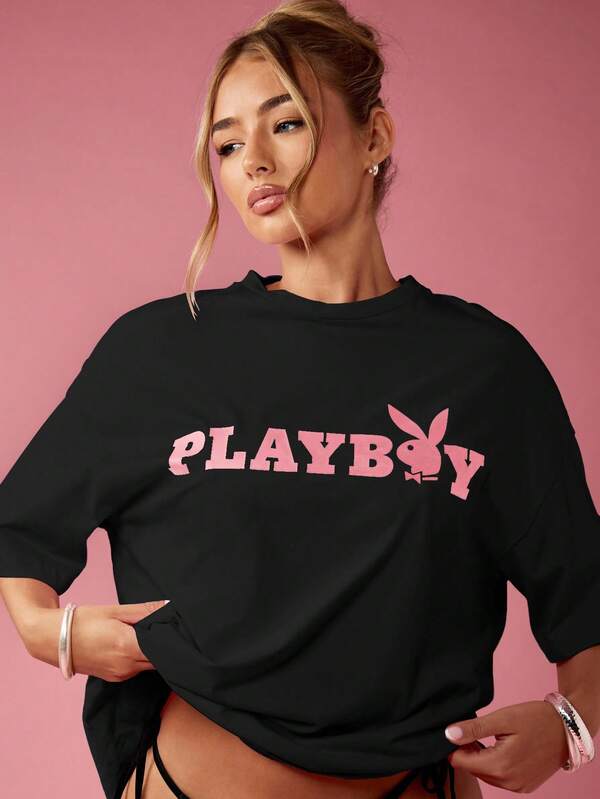 Missguided Missguided X Playboy MISSGUIDED Oversized Graphic Print T Shirt With Bunny Logo