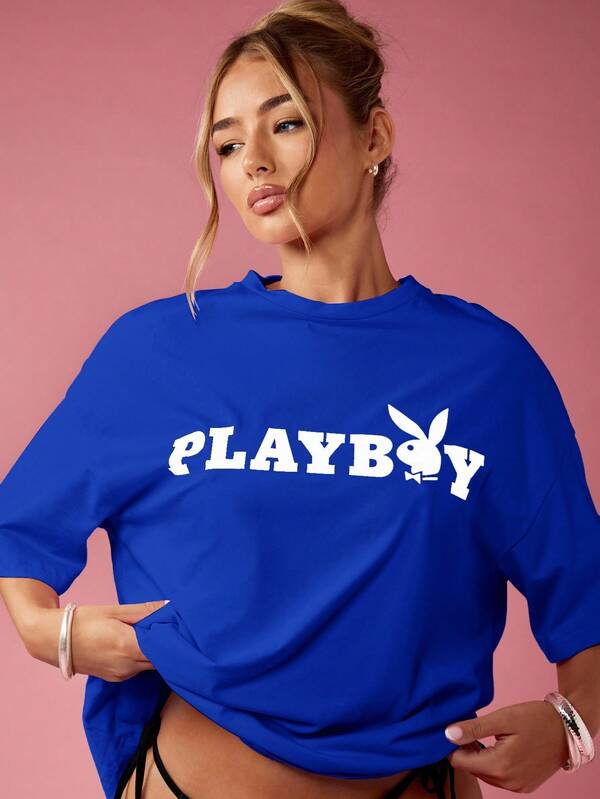 Missguided Missguided X Playboy MISSGUIDED Oversized Graphic T Shirt With Logo Print