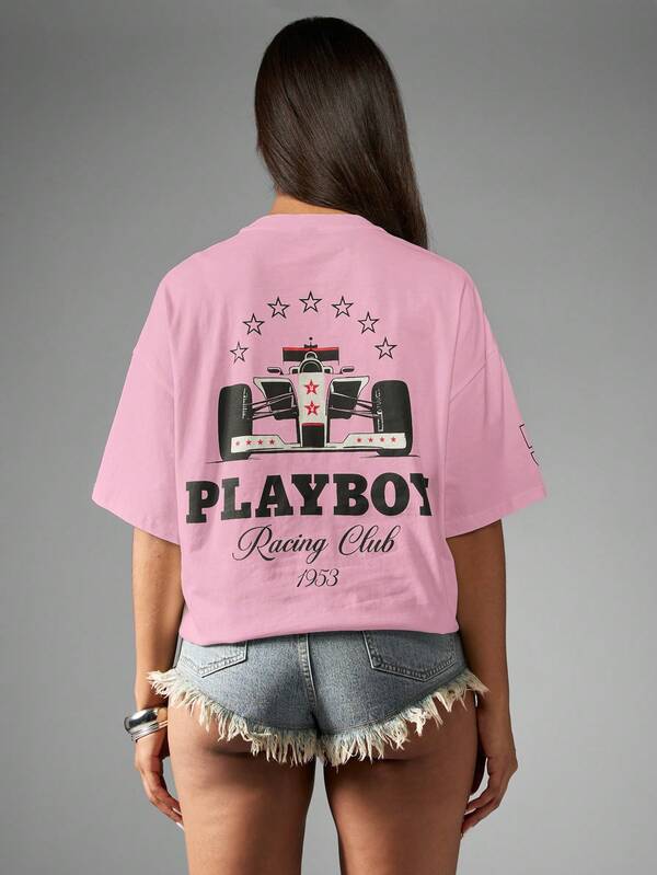 missguided Missguided x Playboy MISSGUIDED Oversized Graphic Moto Racing Tee