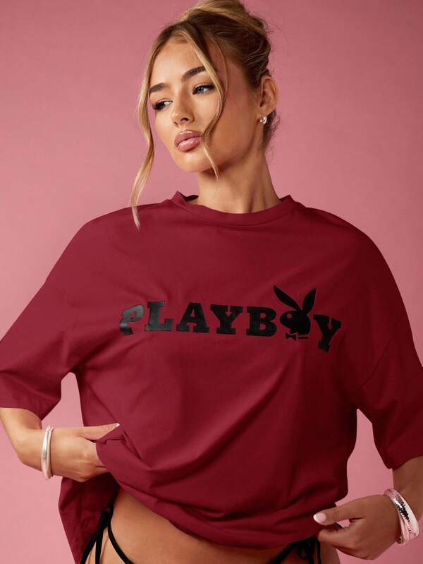 Missguided Missguided X Playboy MISSGUIDED Oversized Graphic T Shirt With Logo Art Print