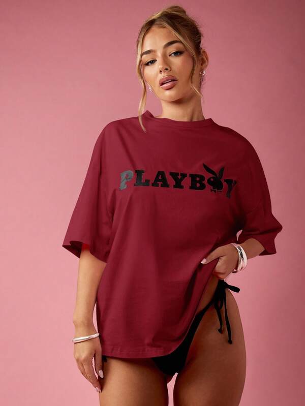 missguided Missguided x Playboy MISSGUIDED Oversized Graphic T Shirt With Logo Art Print