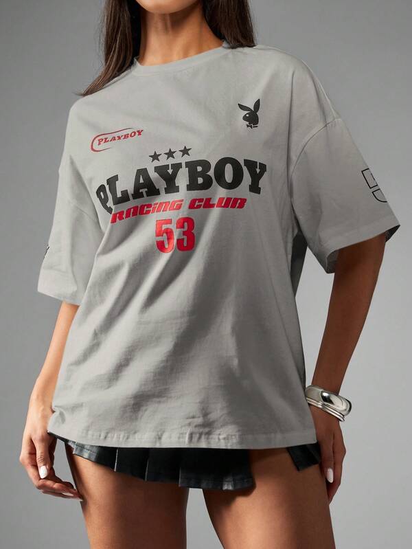 Missguided Missguided X Playboy MISSGUIDED Oversized Graphic Logo T Shirt With Moto Design