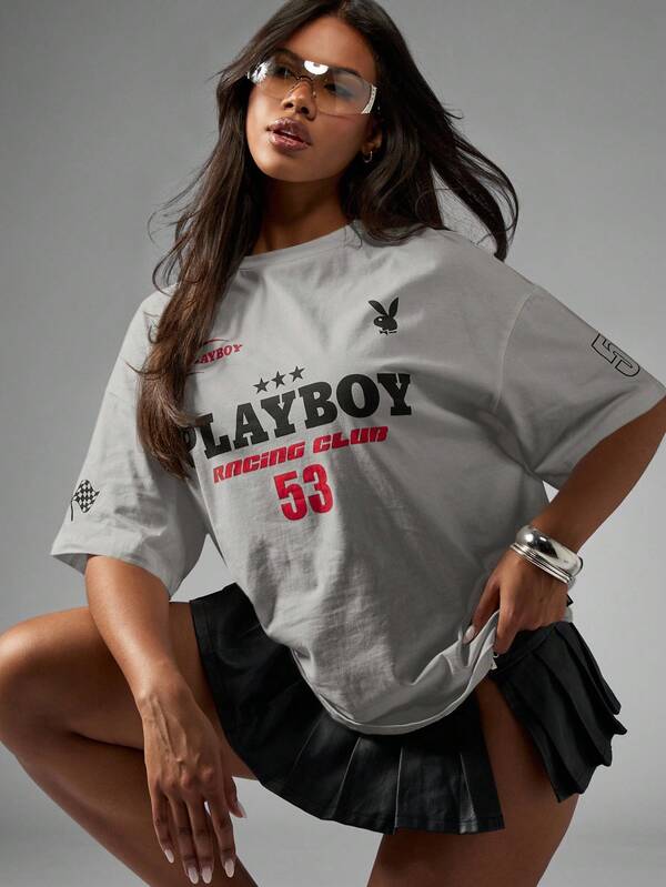 missguided Missguided x Playboy MISSGUIDED Oversized Graphic Logo T Shirt With Moto Design