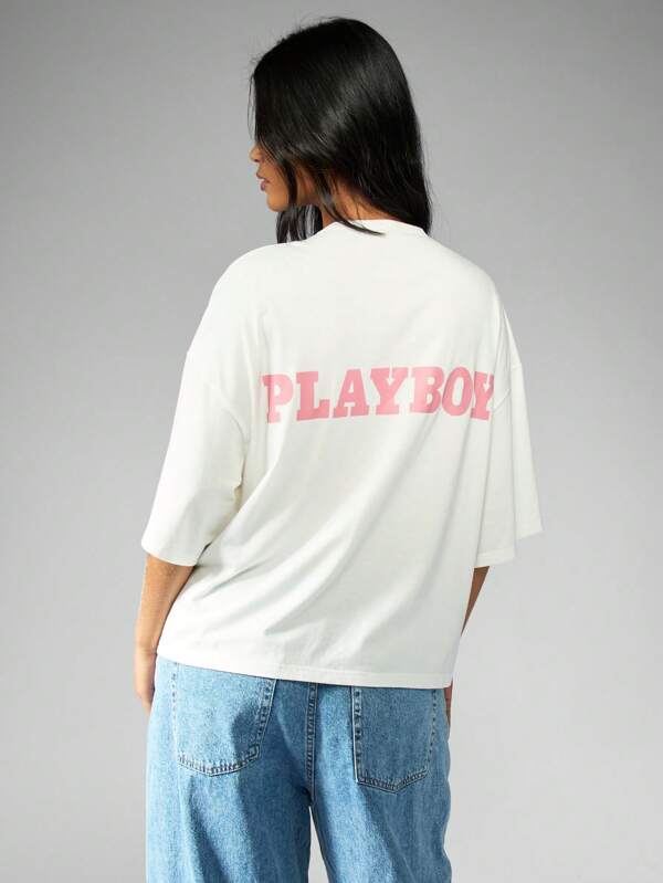 Missguided Missguided X Playboy MISSGUIDED Oversized Half Sleeve Pink Bunny Logo T-Shirt