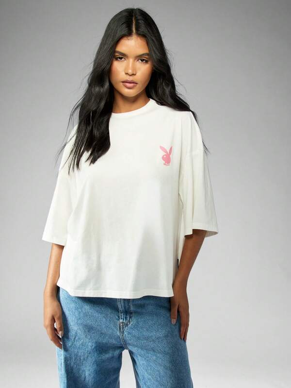 Missguided Missguided X Playboy MISSGUIDED Oversized Half Sleeve Pink Bunny Logo T-Shirt