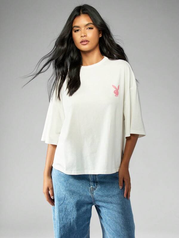 missguided Missguided x Playboy MISSGUIDED Oversized Half Sleeve Pink Bunny Logo T-Shirt
