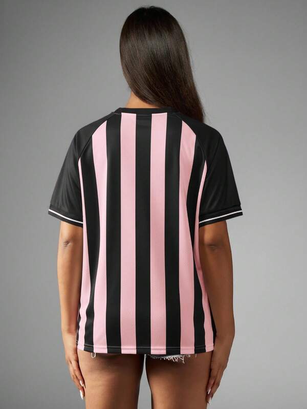 Missguided Missguided X Playboy MISSGUIDED Oversized Jersey T Shirt With Striped Pattern And Logo