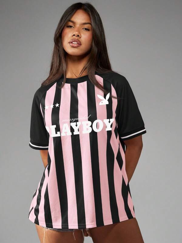 Missguided Missguided X Playboy MISSGUIDED Oversized Jersey T Shirt With Striped Pattern And Logo