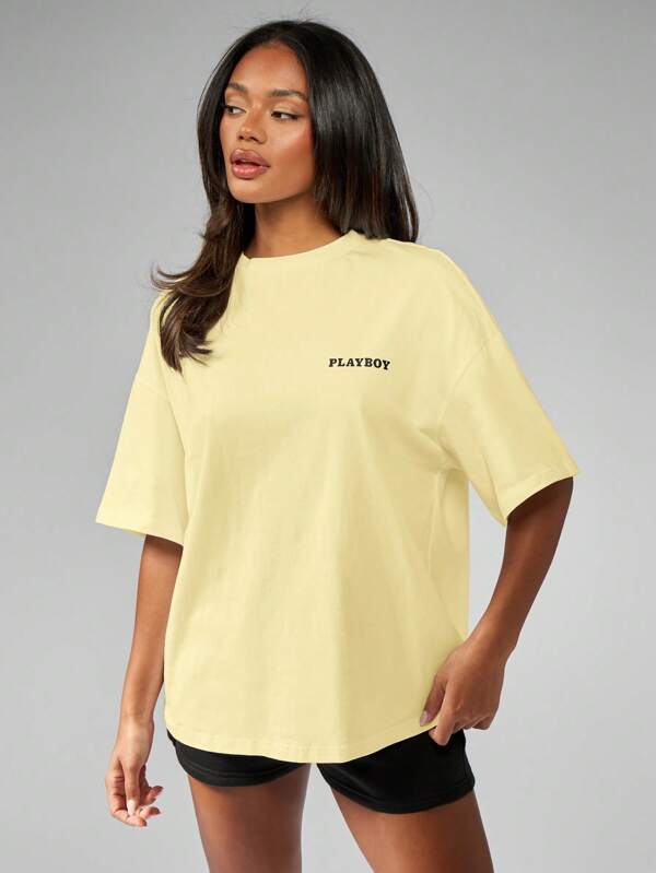 Missguided Missguided X Playboy MISSGUIDED Oversized Lightweight Casual T Shirt With Contrast Graphics