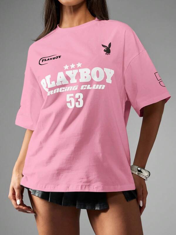 Missguided Missguided X Playboy MISSGUIDED Oversized Racing Club Graphic T Shirt With Logo Design