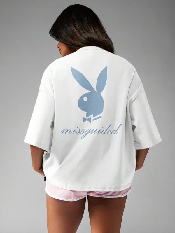 Missguided Missguided X Playboy MISSGUIDED Oversized Relaxed Fit Cotton T-Shirt For Streetwear Loungewear And Comfort
