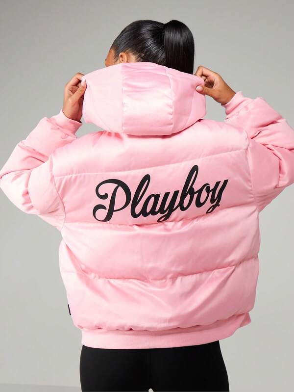 Missguided Missguided X Playboy MISSGUIDED Oversized Satin Hooded Puffer Coat
