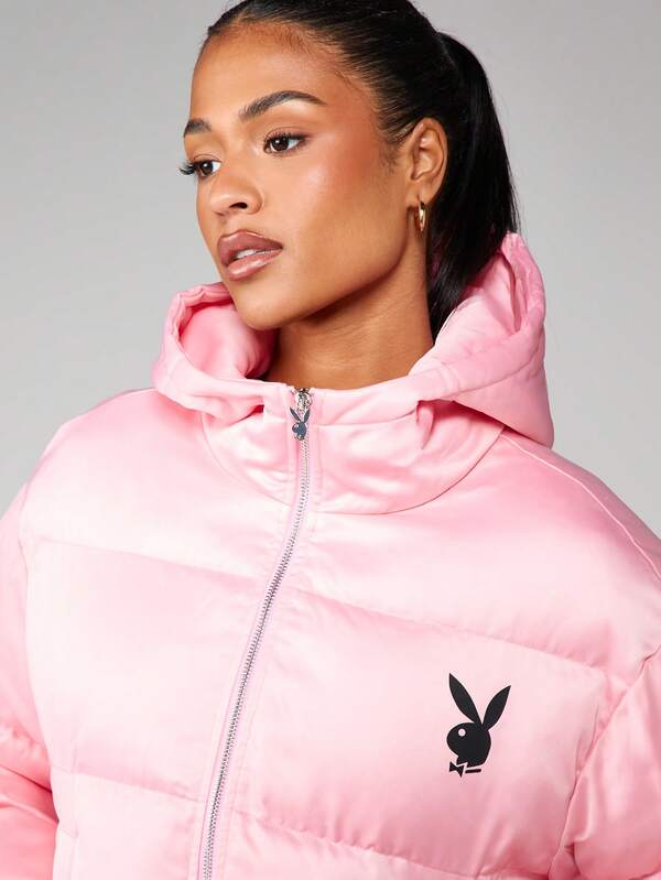 Missguided Missguided X Playboy MISSGUIDED Oversized Satin Hooded Puffer Coat