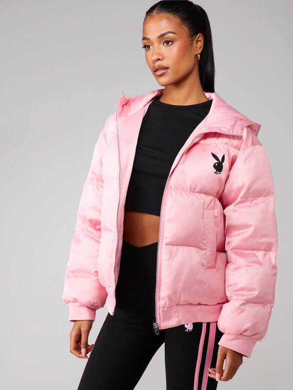 missguided Missguided x Playboy MISSGUIDED Oversized Satin Hooded Puffer Coat