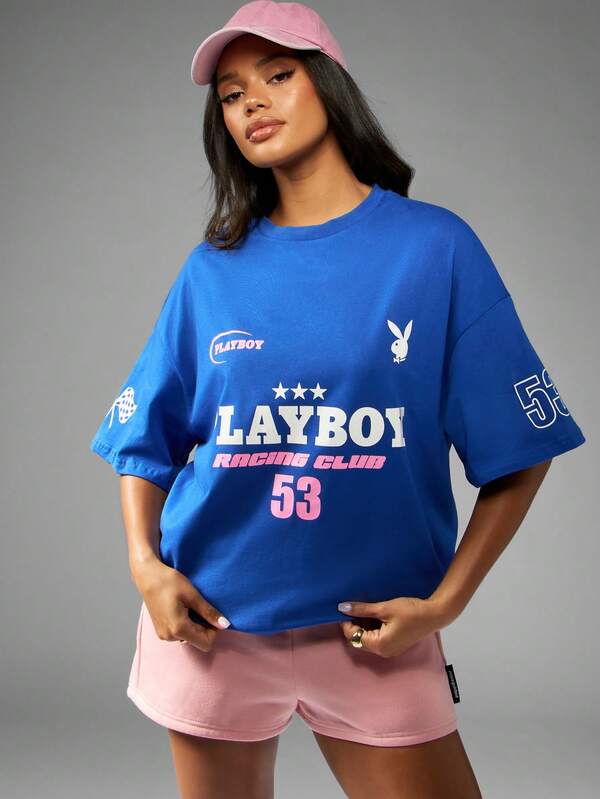 Missguided Missguided X Playboy MISSGUIDED Oversized Statement T Shirt Has Retro Racing Club Logo Printed Graphic Design