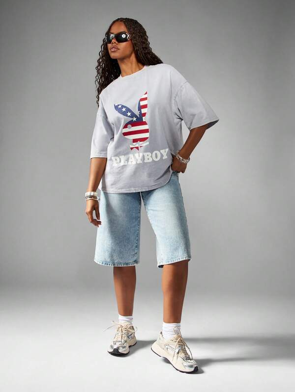 Missguided Missguided X Playboy MISSGUIDED Oversized Statement T Shirt With Flag Design